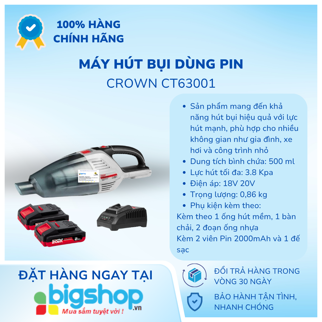 Máy hút bụi dùng pin 18V Crown CT63001