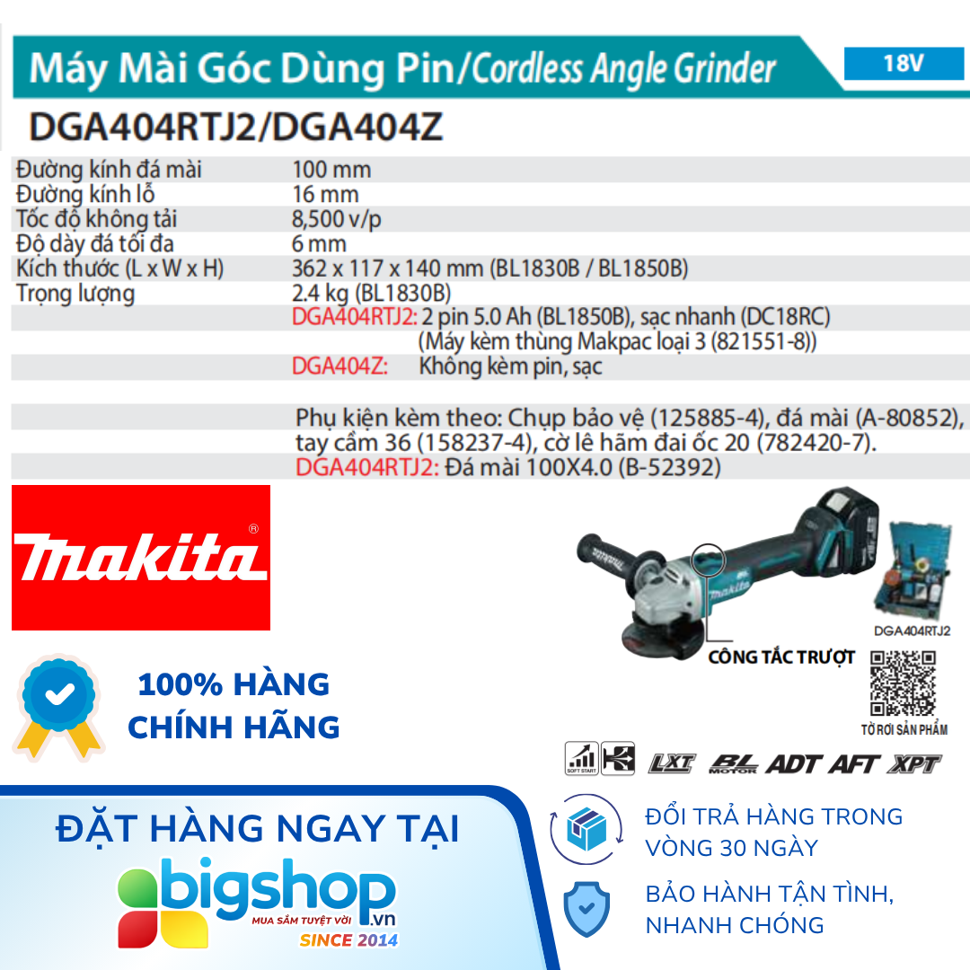 Máy mài góc dùng pin 18V MAKITA DGA404Z / DGA404RTJ2 (Đĩa 100mm)