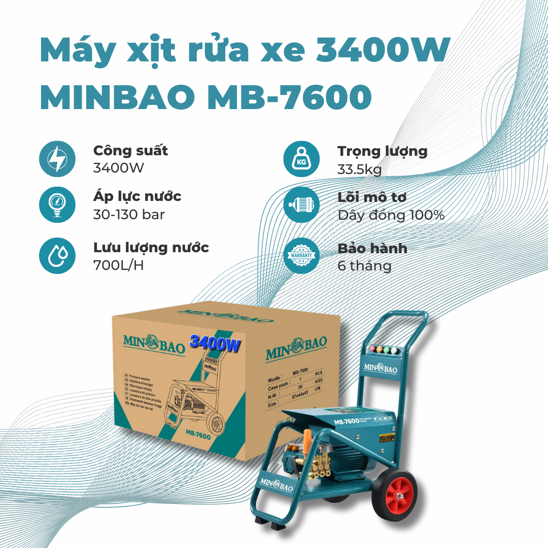 Máy xịt rửa xe MINBAO MB-7600, CS 3400W (có chỉnh áp)