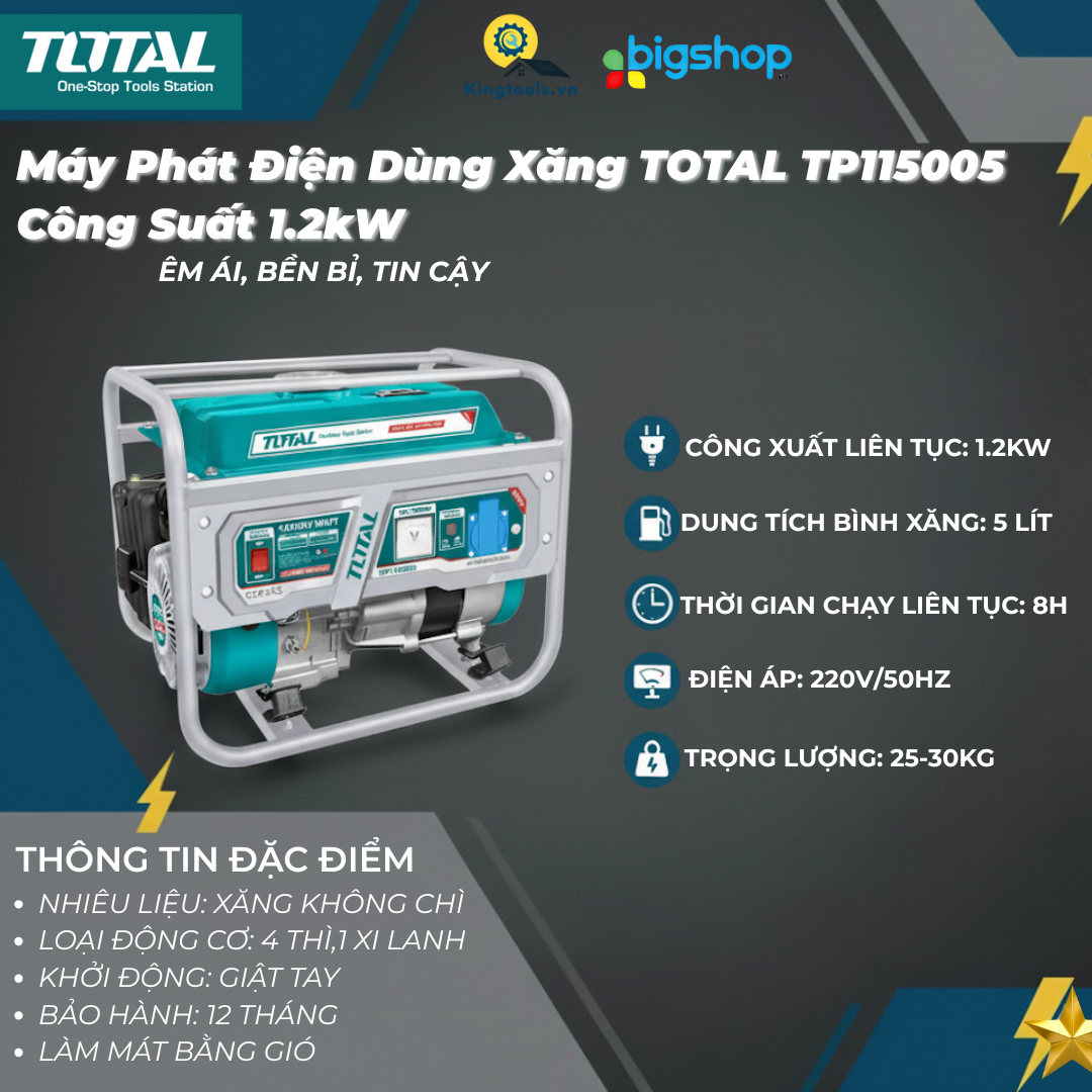 Máy phát điện dùng xăng Total TP115005, 1,2KW