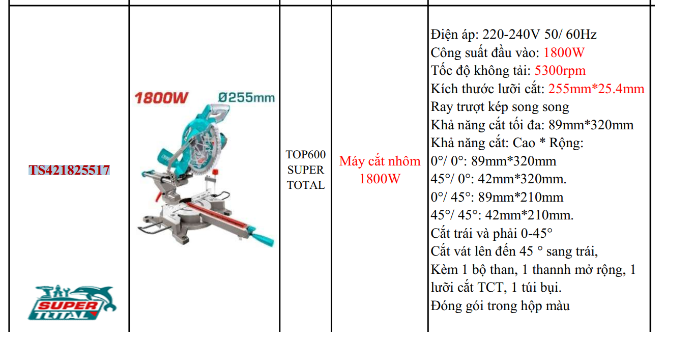 Máy cắt nhôm đa năng 1800W TOTAL TS421825517, 255mm, có trượt