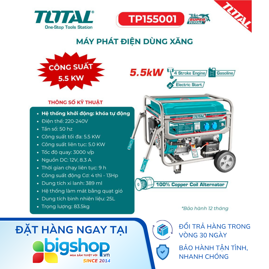 Máy phát điện dùng xăng TOTAL TP155001 - CS 5.5kW