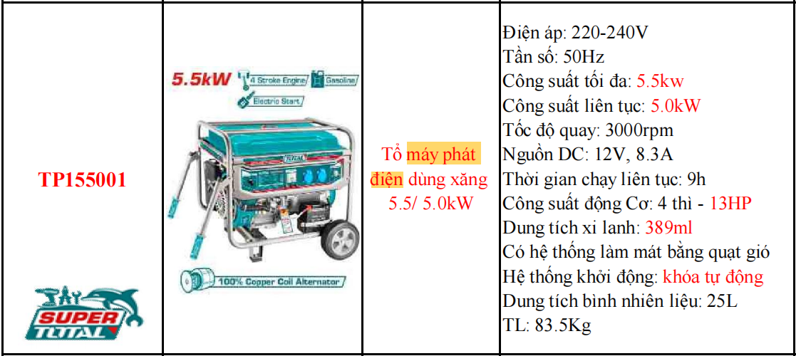 Máy phát điện dùng xăng TOTAL TP155001 - CS 5.5kW
