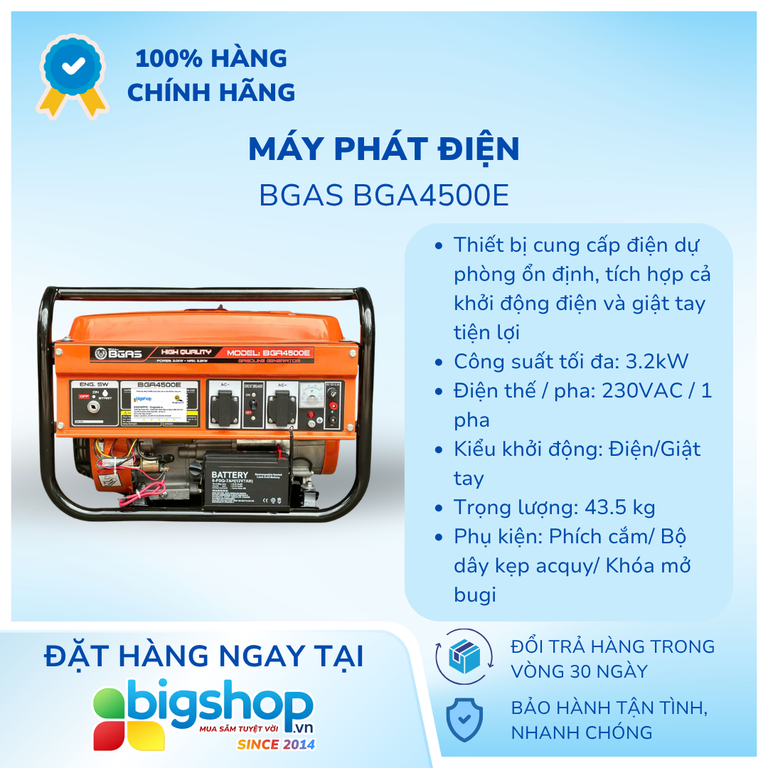 Máy phát điện BGAS BGA4500E, CS 3.2KW (Đề/nổ)