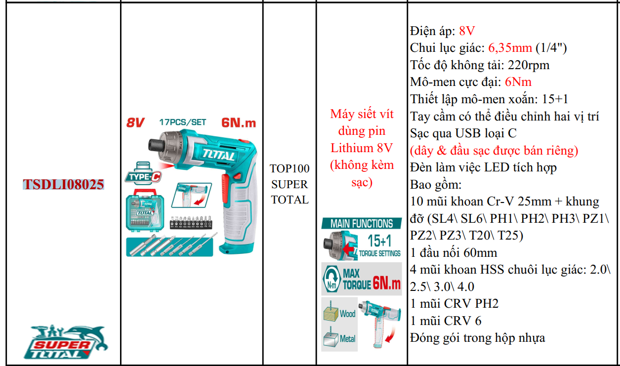 Máy siết, vặn vít dùng pin Lithium 8V Total TSDLI08025
