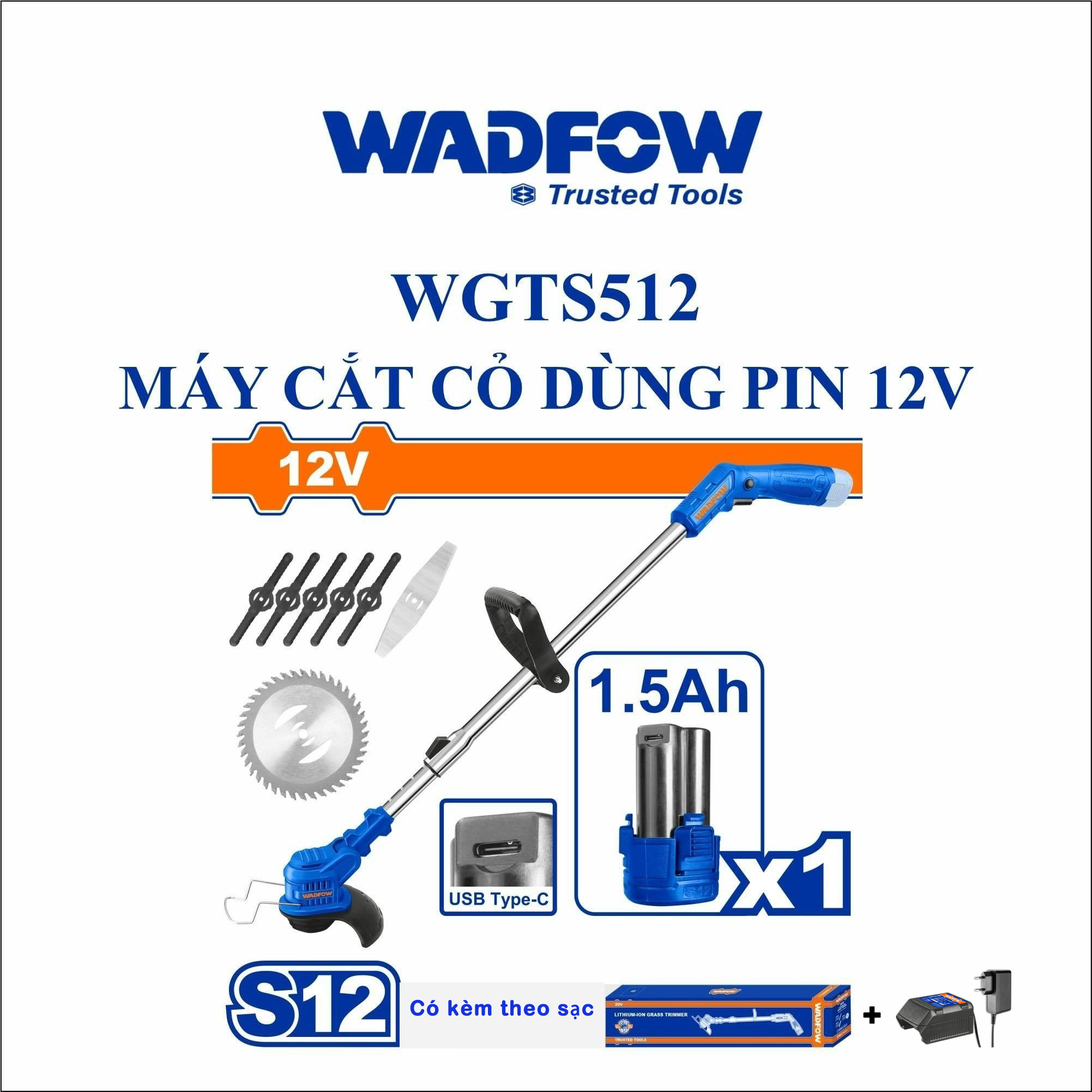 Máy cắt cỏ dùng pin Lithium-ion WADFOW WGTS512 có kèm theo sạc