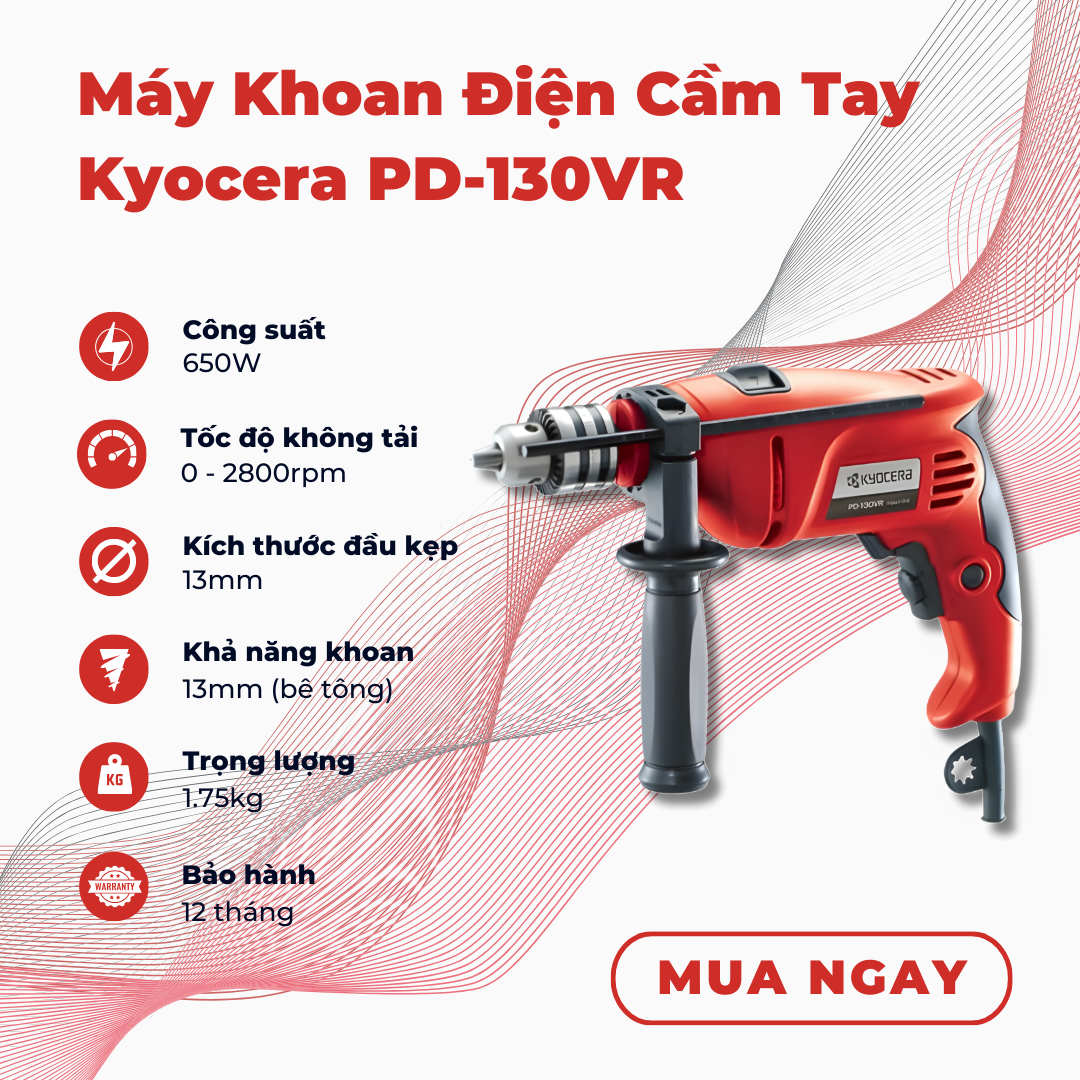 Máy Khoan Kyocera PD-130VR 650W, 13mm