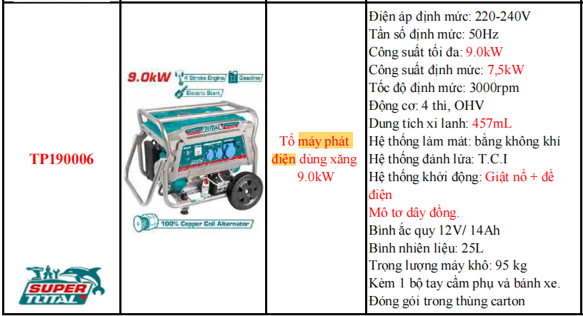 Máy phát điện dùng xăng TOTAL TP190006 - Công suất 9.0kW