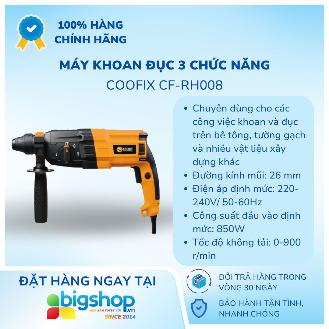 Máy khoan đục 3 chức năng Coofix CF-RH008 (CS 850W)