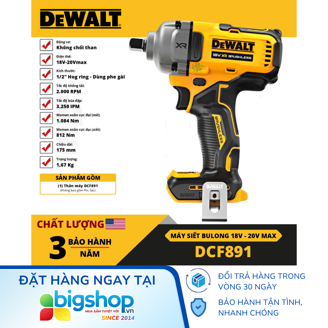 Máy siết bulong pin 20V DEWALT DCF891N-B1 - Thân máy (Lực siết 1084Nm)