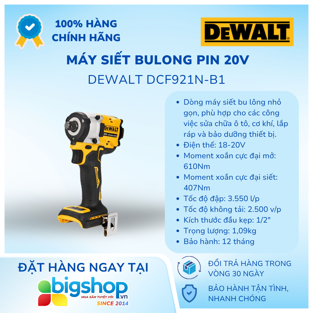 Máy siết bulong pin 20V DEWALT DCF921N-B1 - Thân máy (Lực siết 407Nm)