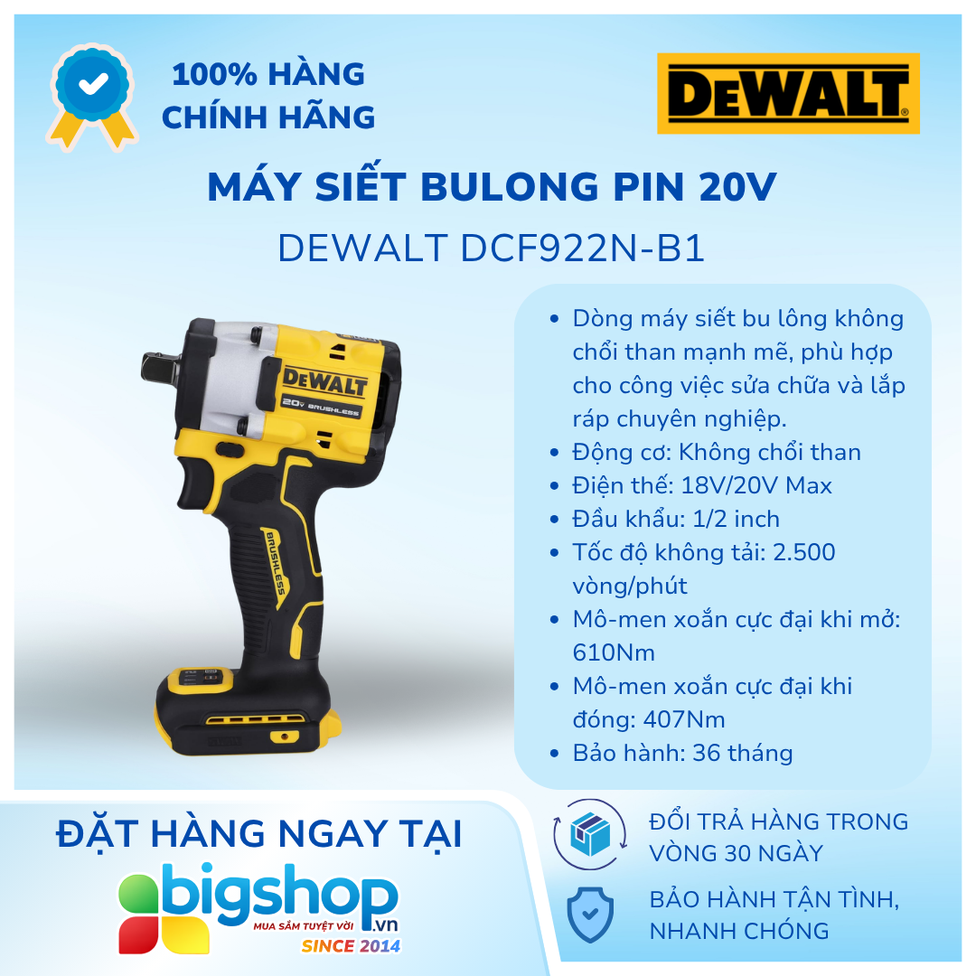 Máy siết bulong pin 20V DEWALT DCF922N-B1 - Thân máy (Lực siết 407Nm)
