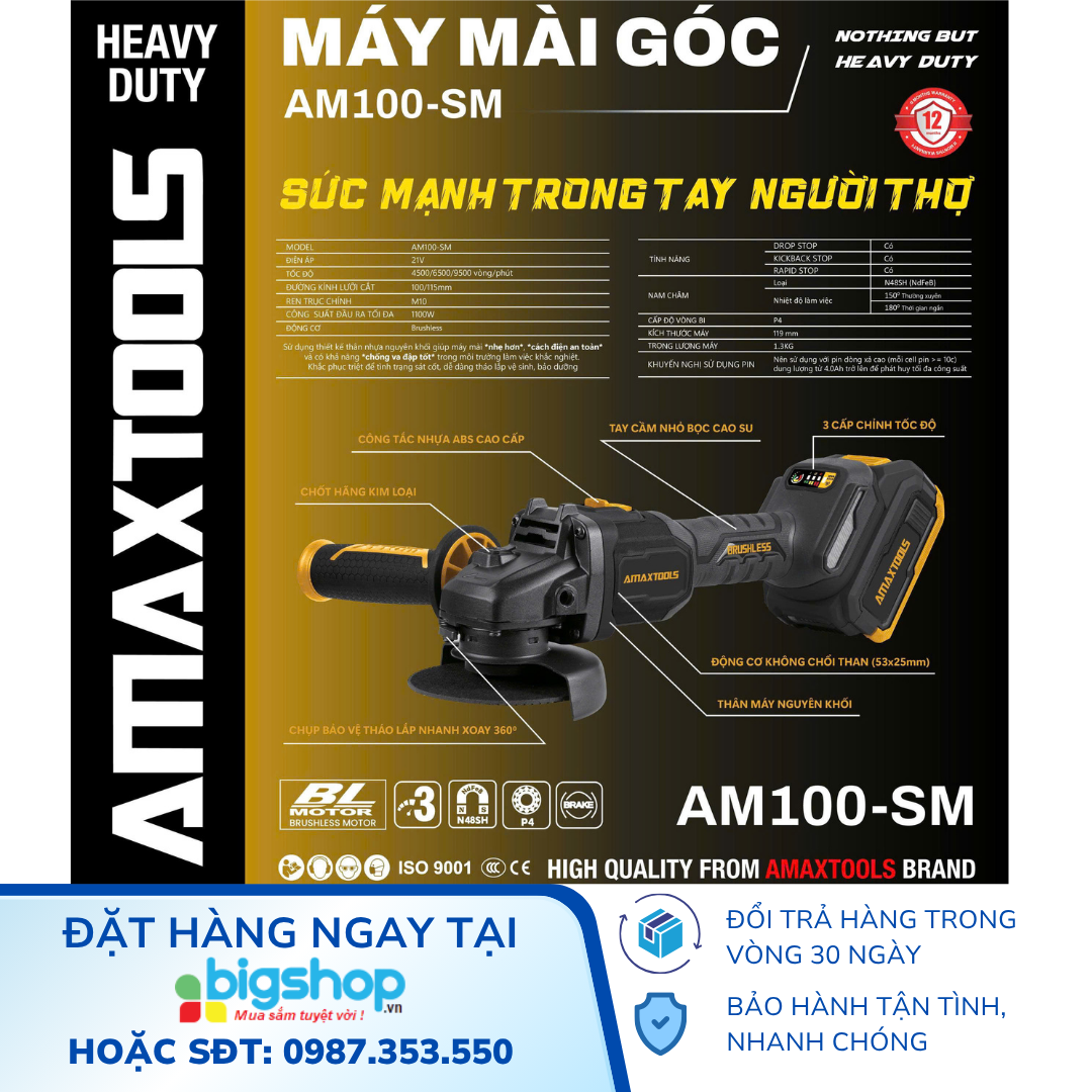 Máy mài góc pin 21V AMAXTOOLS AM100SM, động cơ không chổi than