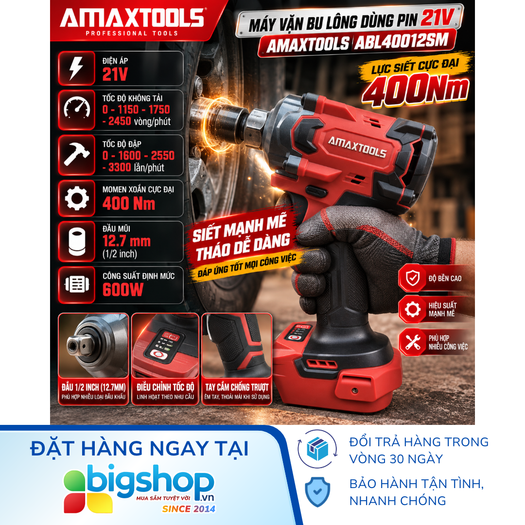 Máy vặn bu lông dùng pin 21V AMAXTOOLS ABL40012SM (Lực siết 400Nm)