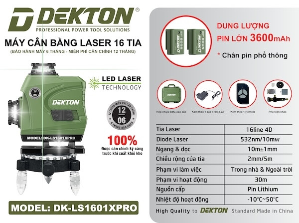 Máy cân mực laser 16 tia xanh DEKTON DK-LS1601XPro  (màu OLIVE) 