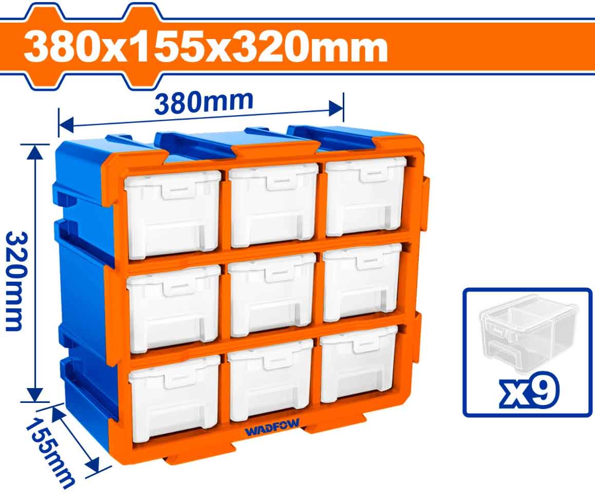 Bộ tủ gồm 9 khay nhựa đựng linh kiện (dạng kín) 380x155x320 mm Wadfow WTB8331