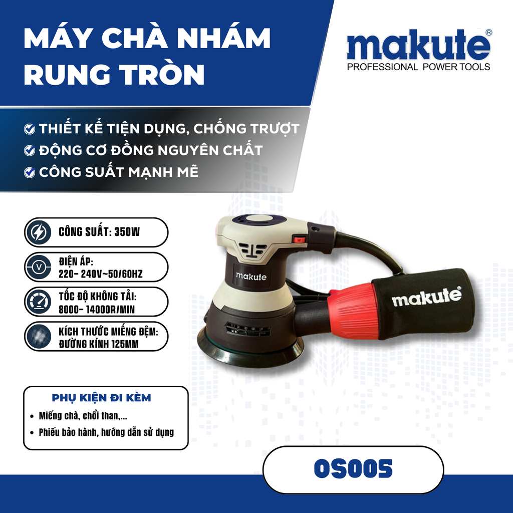 Máy chà nhám rung tròn Makute OS005 có chỉnh tốc, 350w