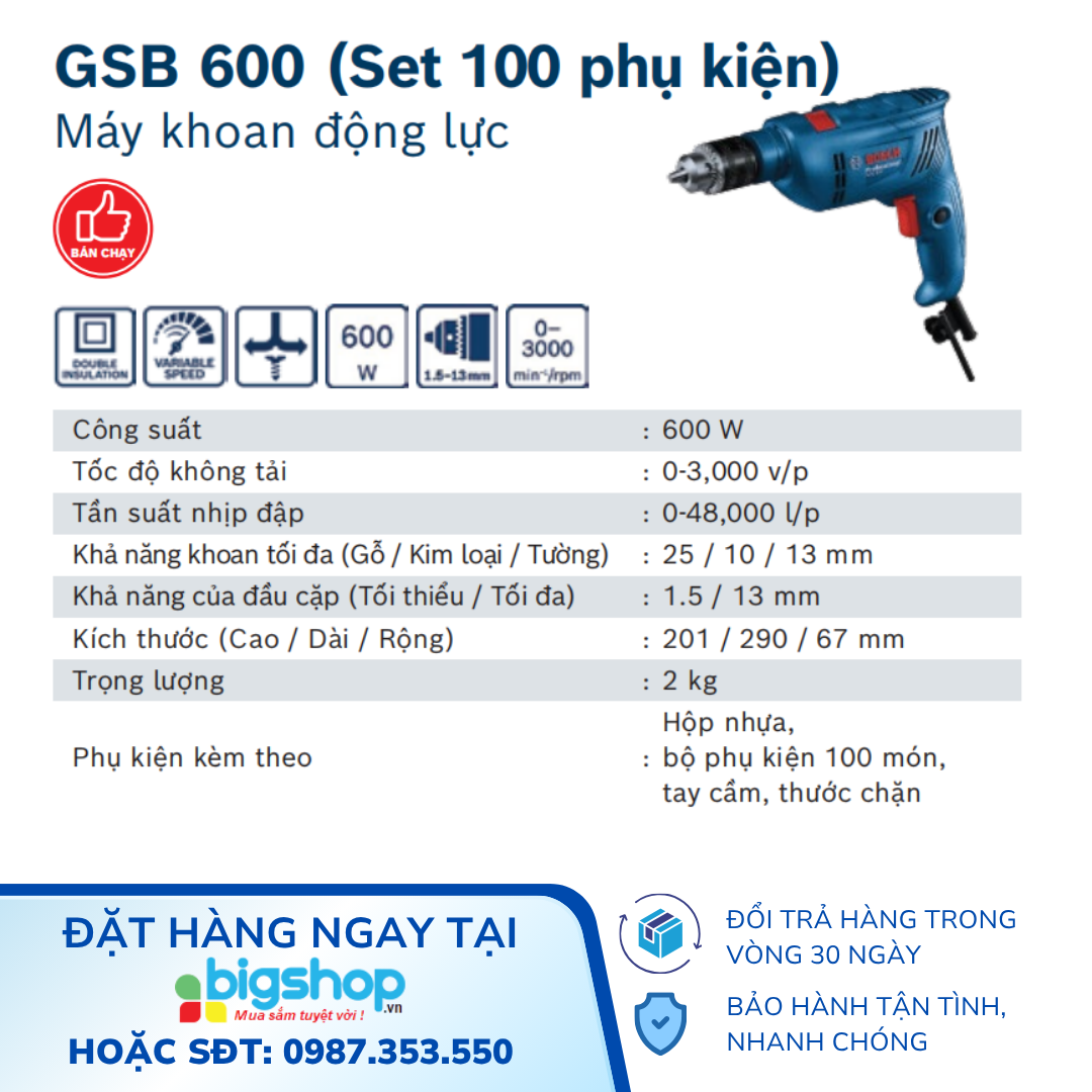 Máy khoan động lực 600W Bosch GSB 600 (Set 100 phụ kiện)
