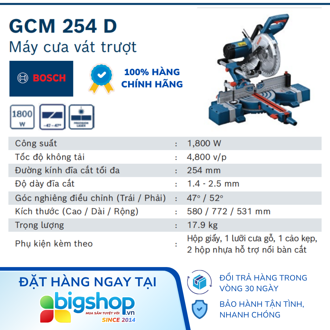Máy cưa trượt đa góc BOSCH GCM 254 D (CS 1800W, lưỡi 255mm)