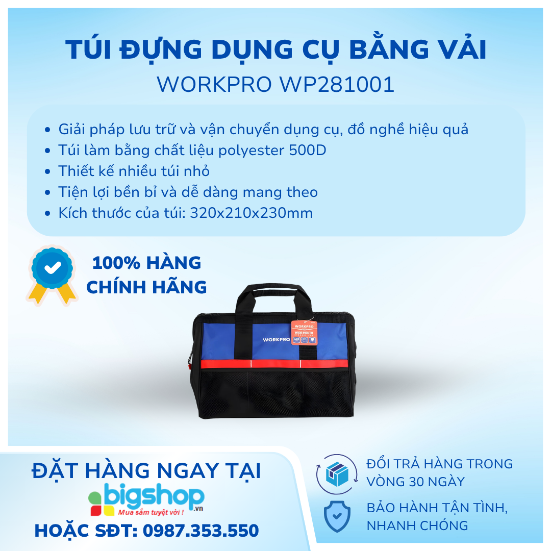 Túi đựng dụng cụ bằng vải dệt, kích thước 320mm (13 inches) Workpro WP281001