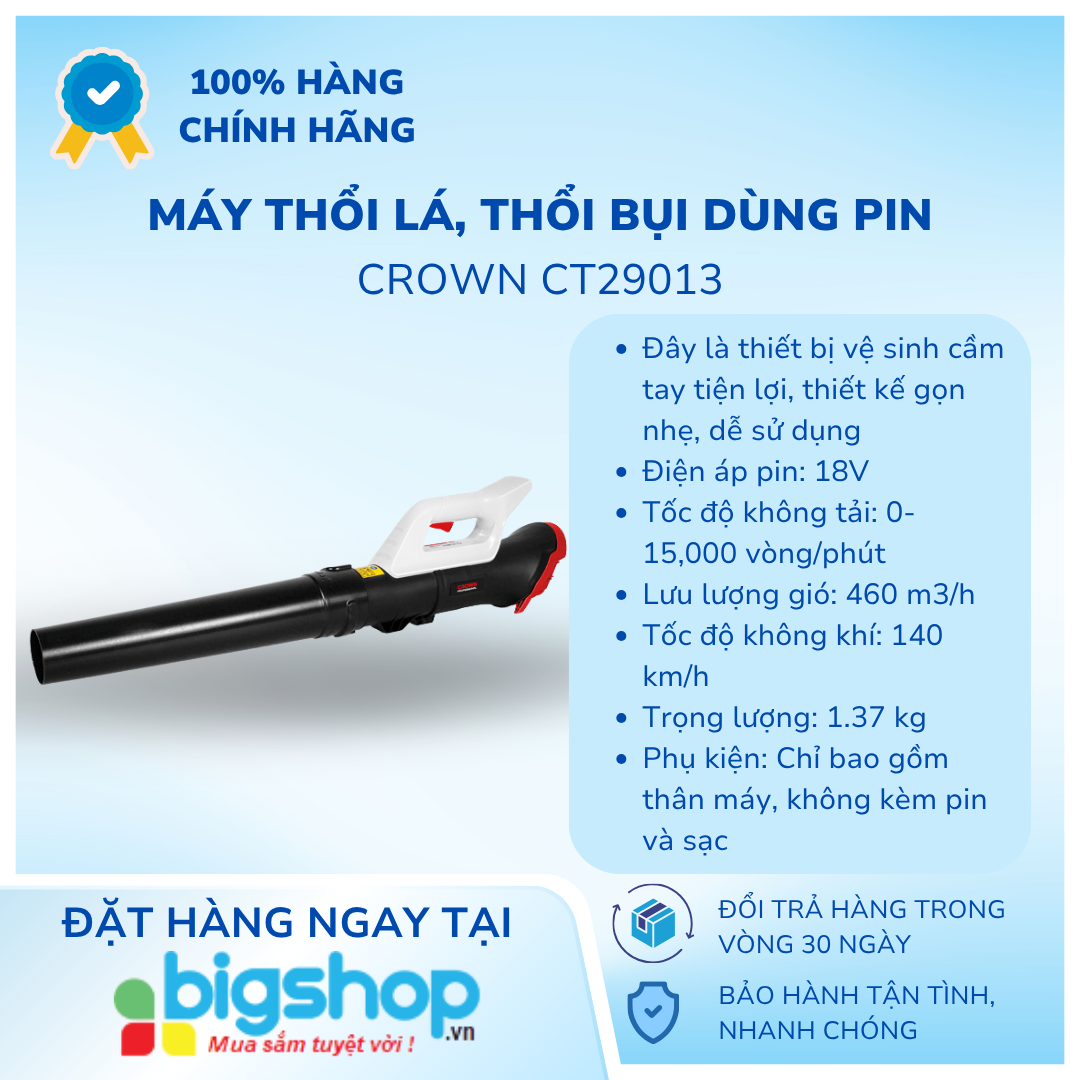 Máy thổi lá thổi bụi dùng pin 18V Crown CT29013 - Chưa bao gồm pin, sạc