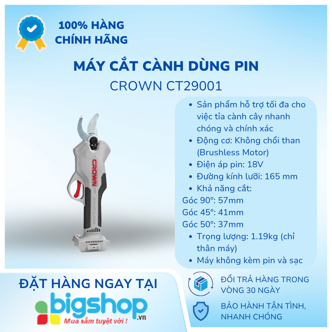 Máy cắt cành dùng pin 18V Crown CT29001 - Chưa bao gồm pin, sạc