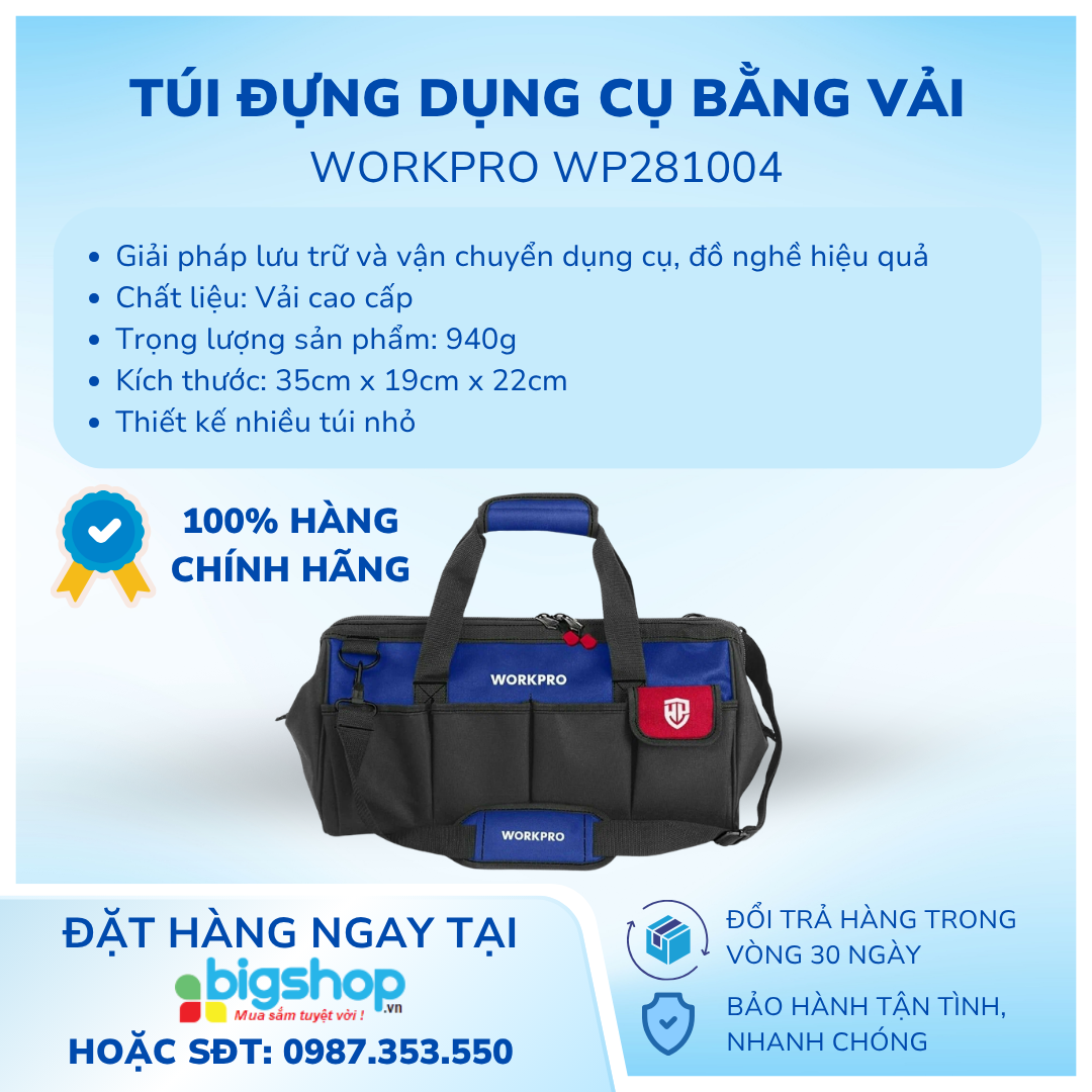 Túi đựng dụng cụ bằng vải dệt, kích thước 350mm (14 inches) Workpro WP281004