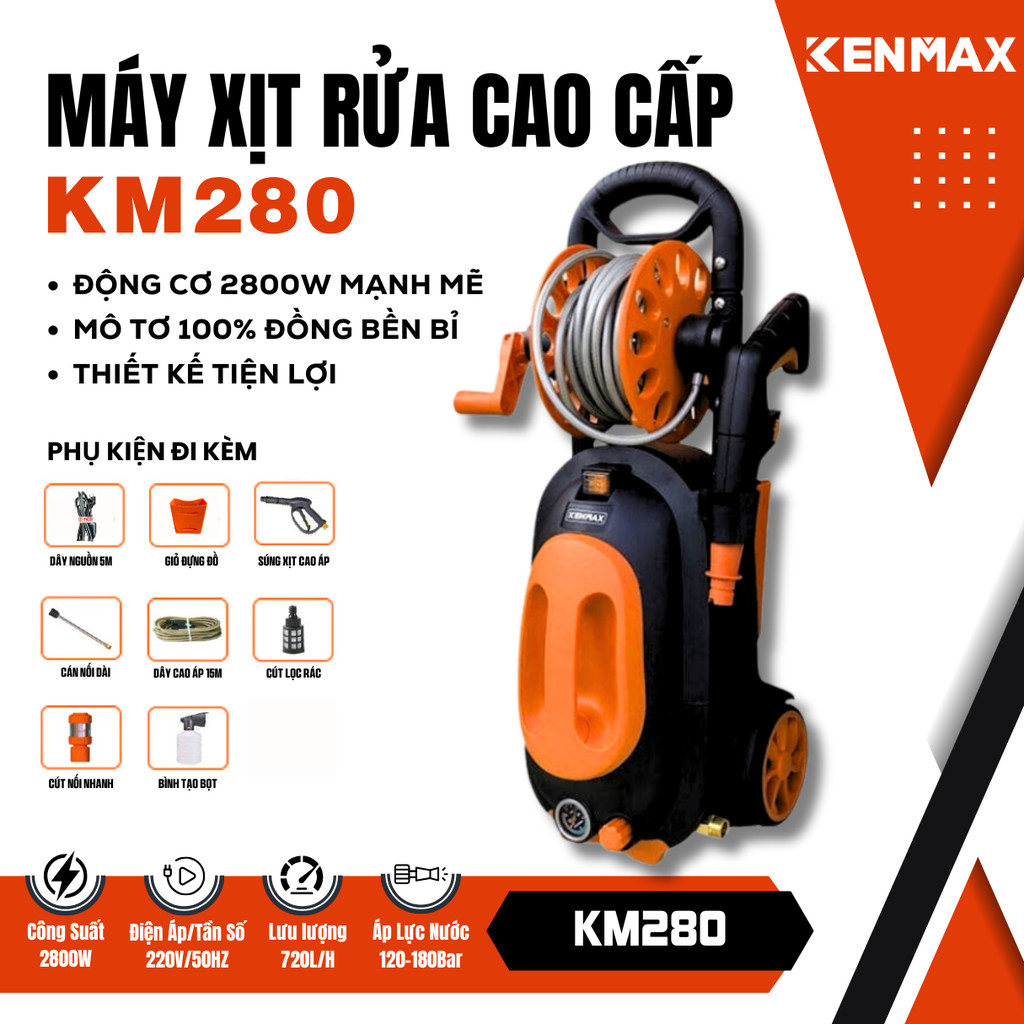 Máy rửa xe Kenmax KM280, CS 2800W, mô tơ từ
