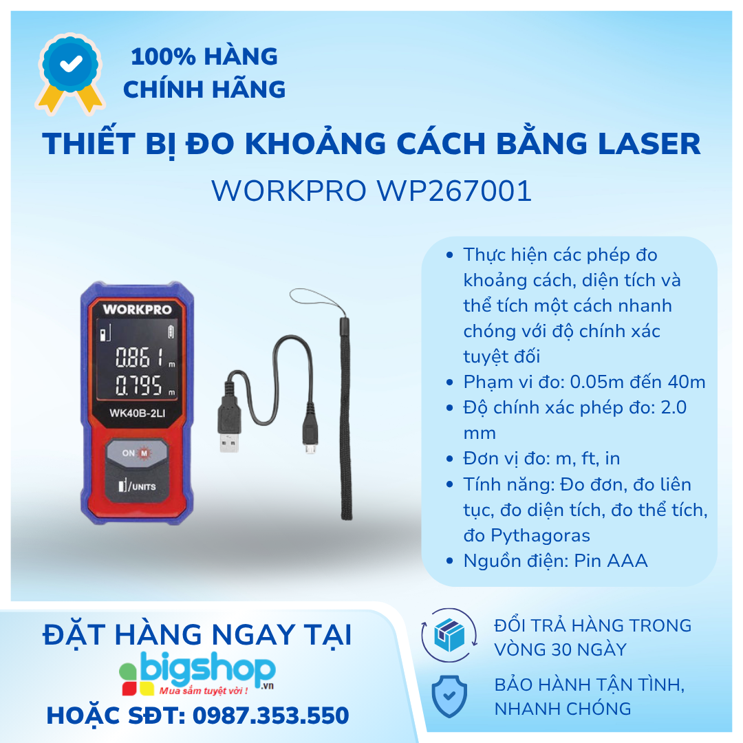 Thiết bị đo khoảng cách bằng laser, phạm vi đo 40m Workpro WP267001