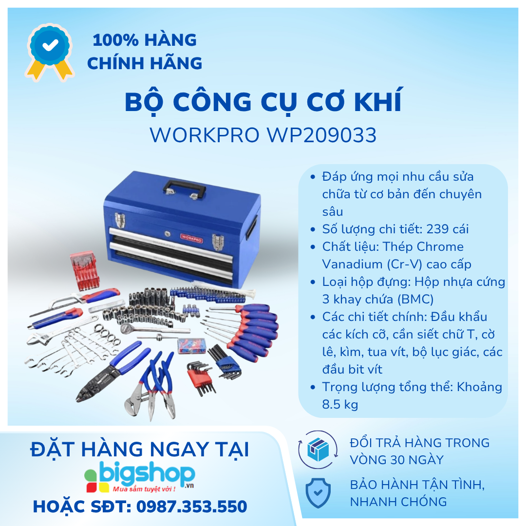 Bộ công cụ cơ khí các loại có hộp đựng (1 SET = 239 cái) Workpro WP209033