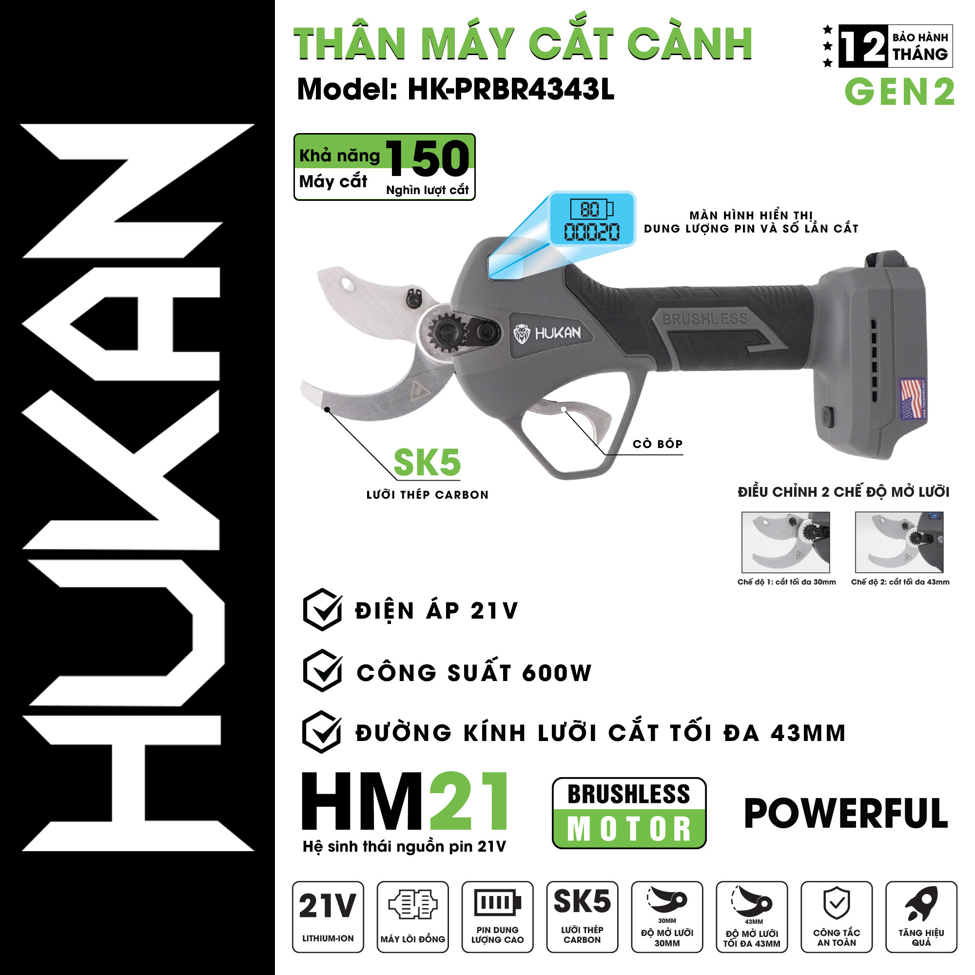 Bộ máy cắt cành 4cm Hukan HK-PRBR4343L, gen2