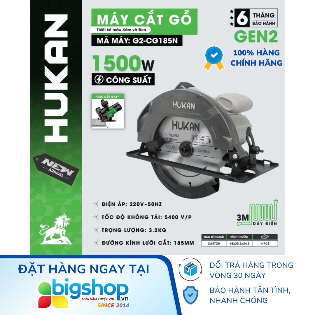 Máy cắt gỗ HUKAN G2-CG185N (GEN 2) - CS 1500W, Đĩa 185mm