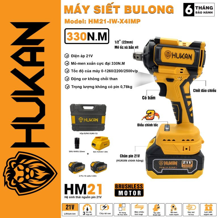 Máy siết bulong dùng pin Hukan HM21-IW-X4IMP ( Thân máy + 2 pin 3.0 + sạc ADT21)