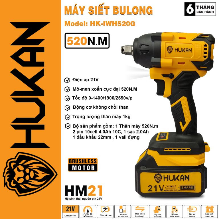 Máy siết bulong pin Hukan HK-IWH520G (Hộp nhựa +Thân máy + 2 pin super 4.0 + sạc ADT21)