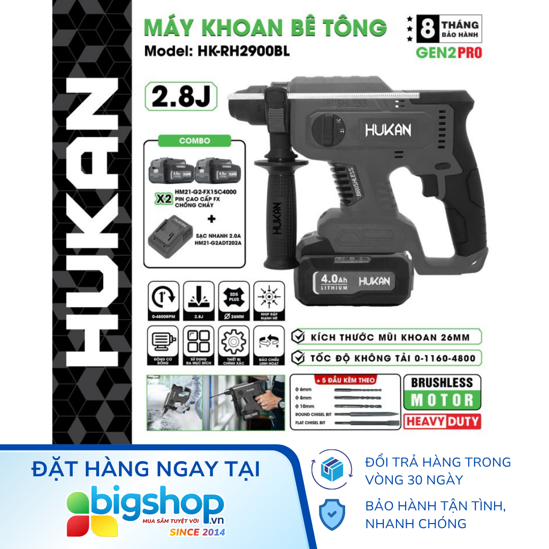 Máy khoan bê tông dùng pin 3 chức năng HUKAN HK-RH2900BL (Gen 2 Pro)