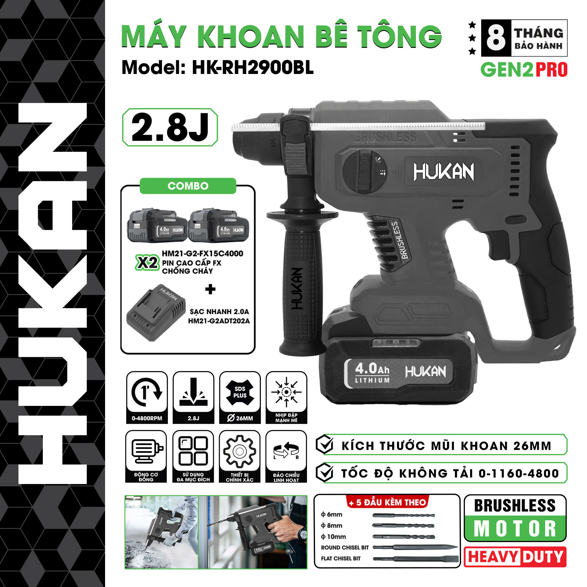Máy khoan bê tông 3 chức năng Hukan HK-RH2900BL