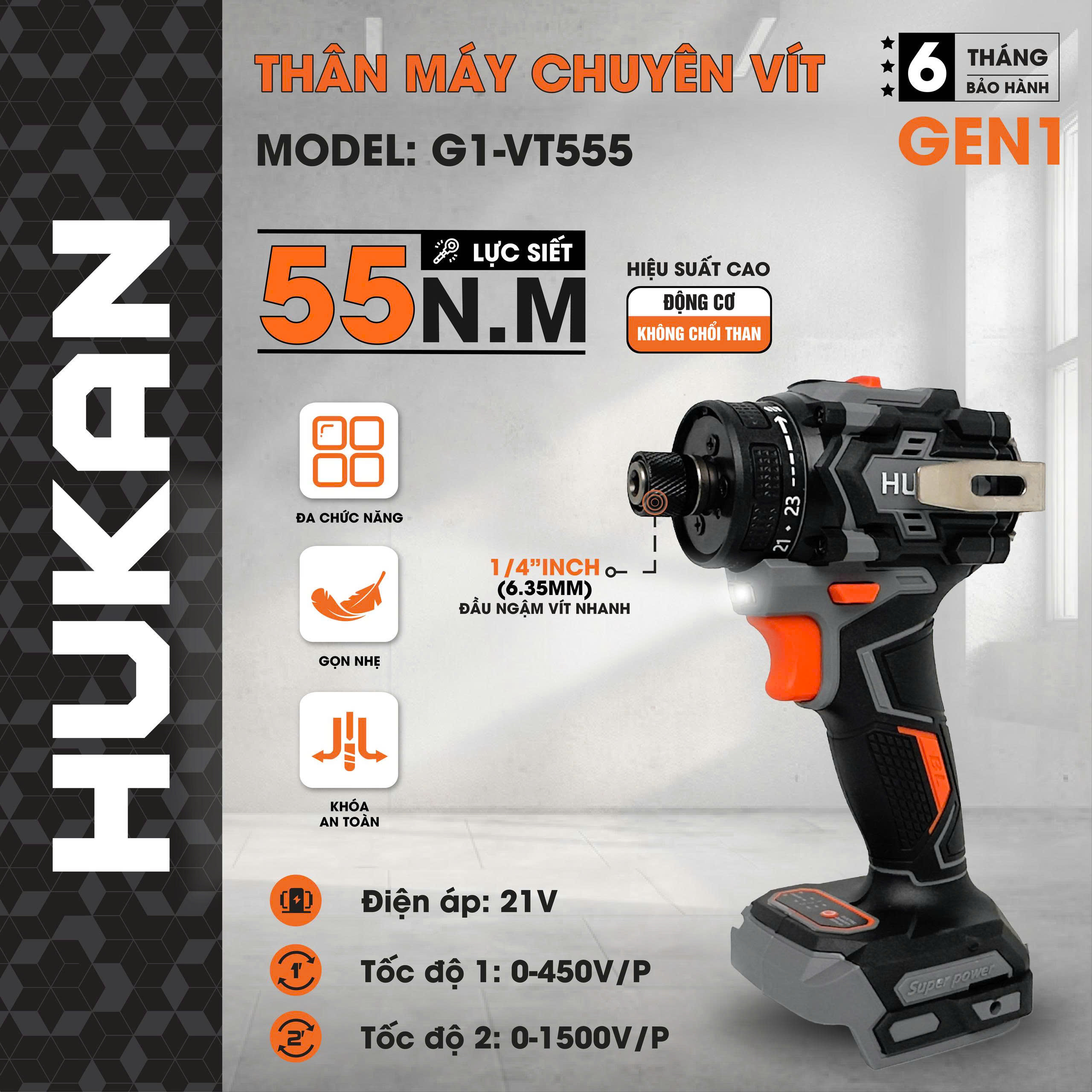 Thân máy chuyên vít trượt Pin Hukan BODY G1-VT555