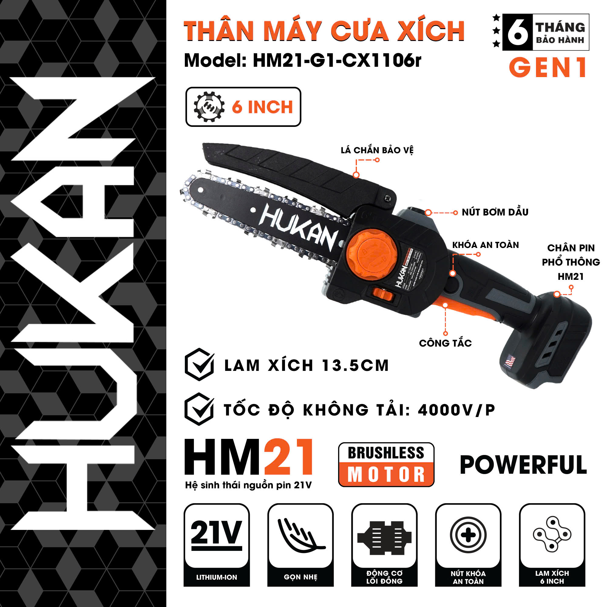 Thân máy cưa xích pin 6 INCH Hukan HM21-G1-CX1106r