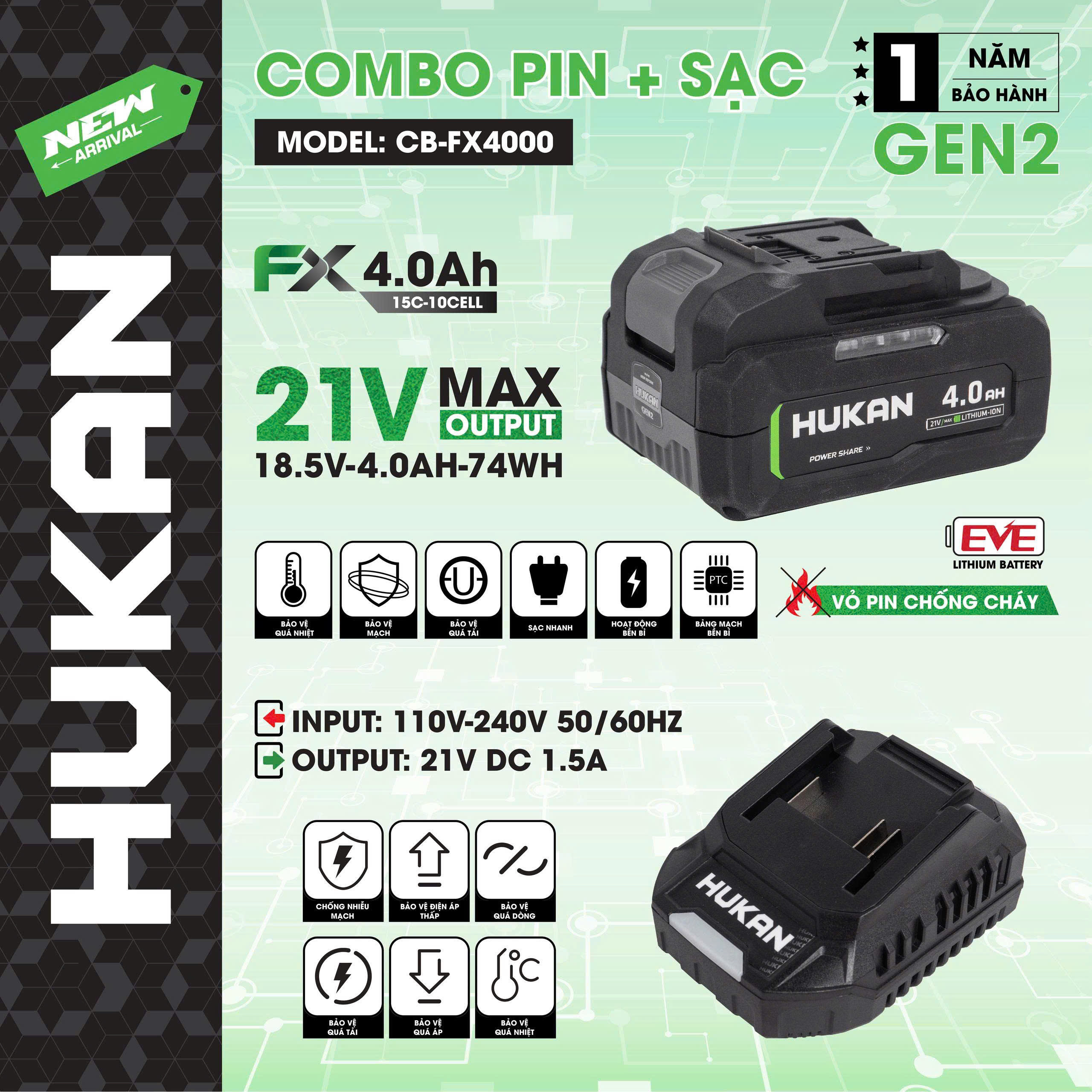 Bộ pin 4ah và sạc 1.5ah ( gen2) hãng HUKAN mã CB-FX4000