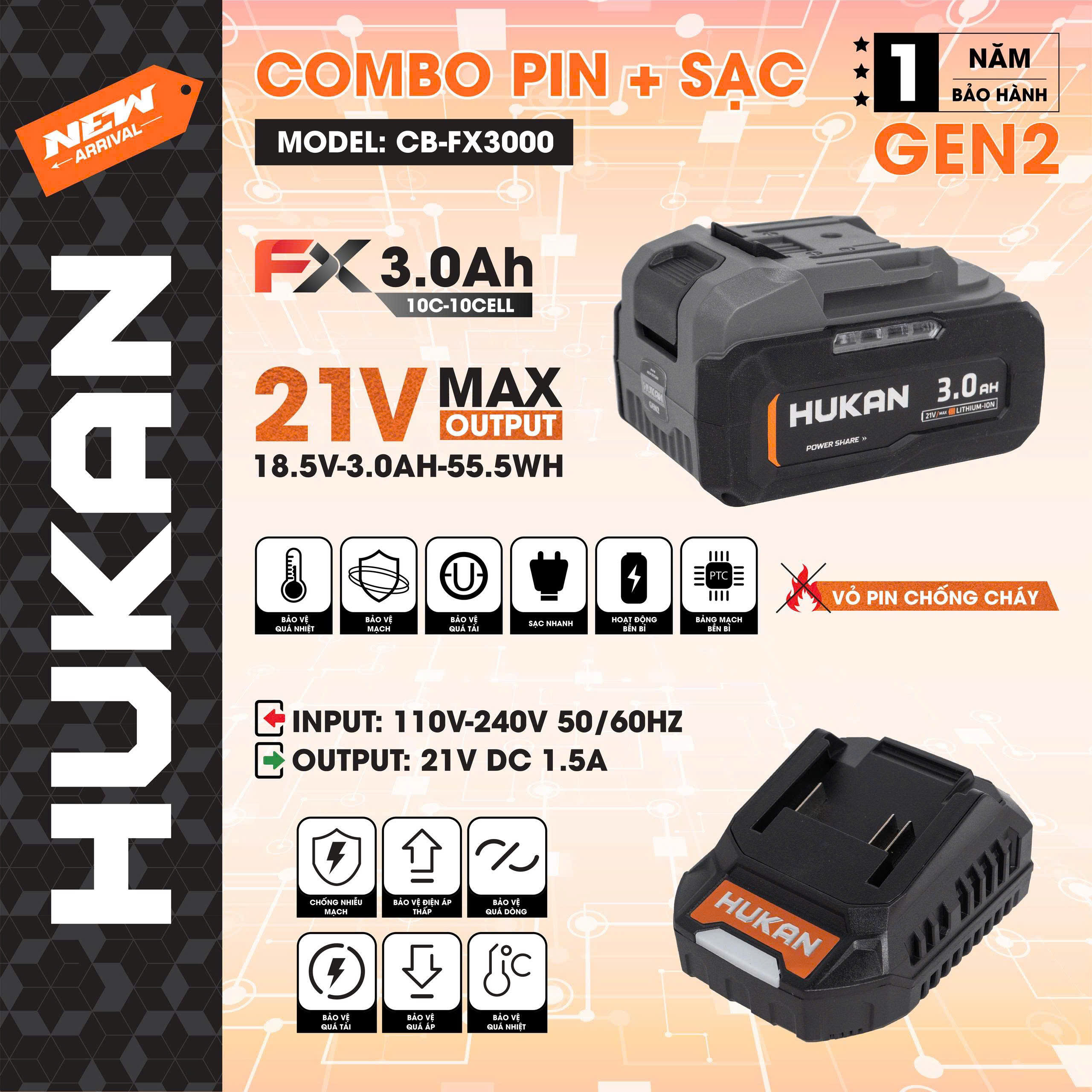 Combo Pin cao cấp FX chống cháy kèm sạc 1.5AH  Hukan CB-FX300