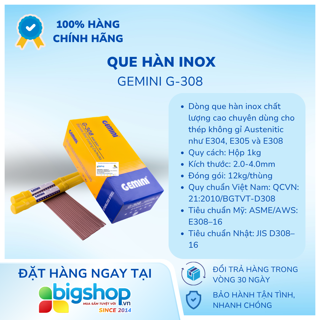 Que hàn inox Gemini G-308 đủ size - 1KG (2.0 - 4.0mm)