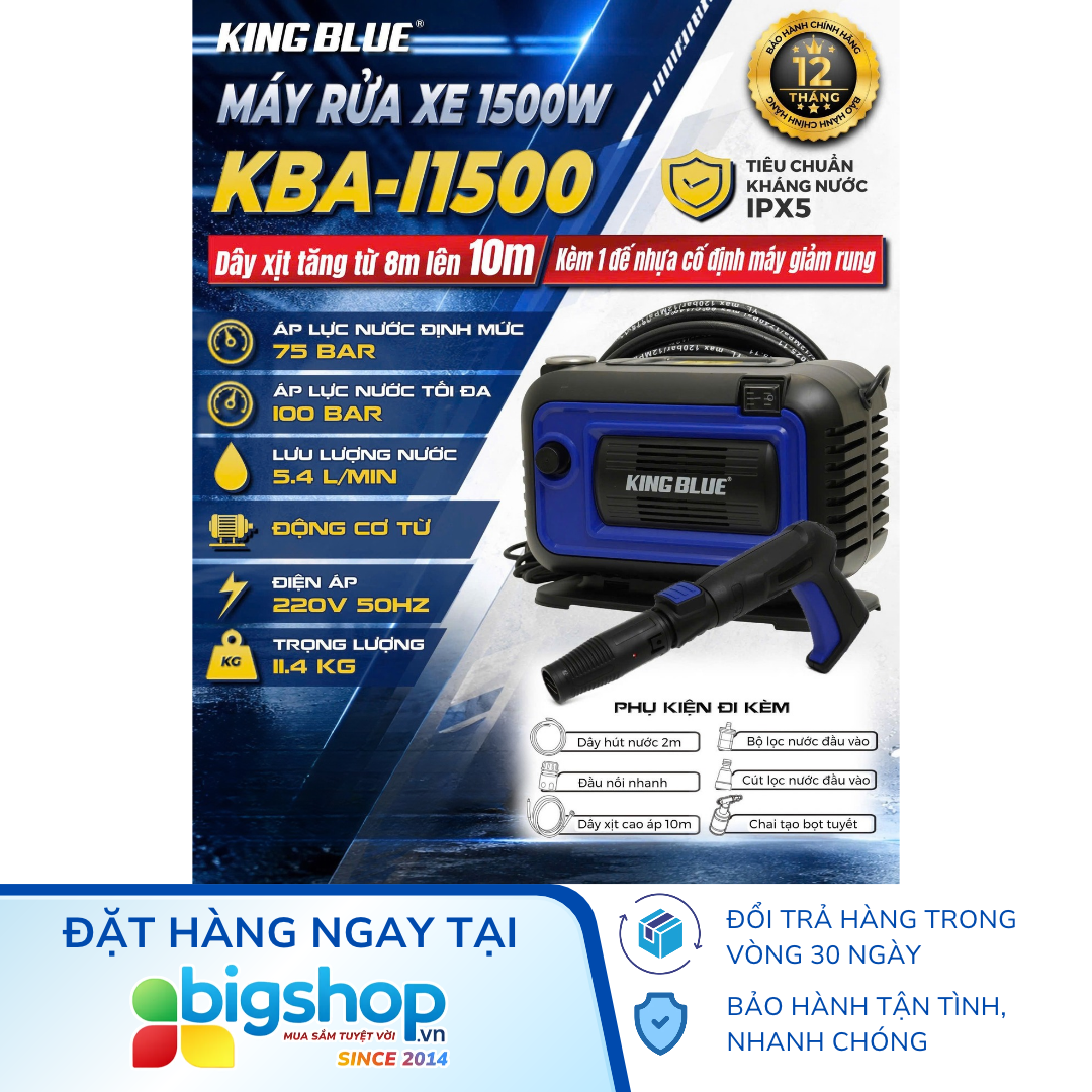 Máy rửa xe cao áp KINGBLUE KBA-I1500 (Công suất 1500W)