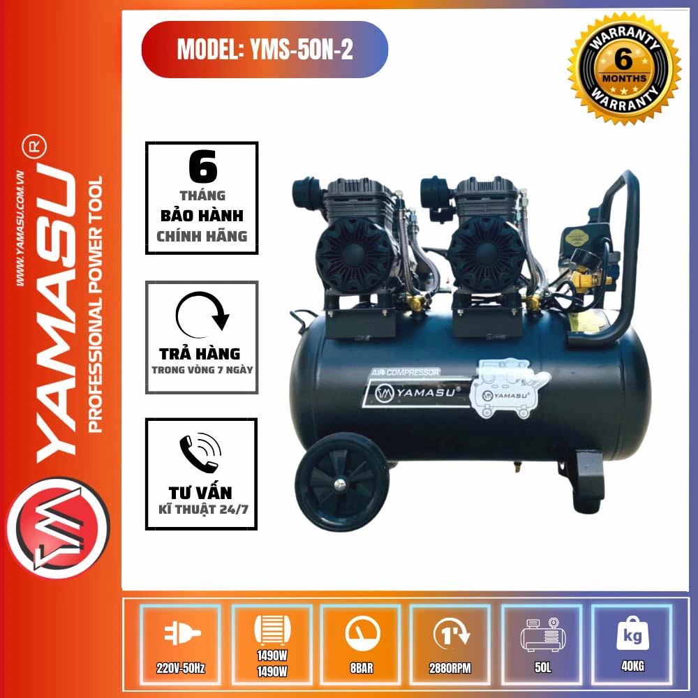 Máy nén khí sạch giảm âm không dầu- Nạp hơi siêu nhanh Yamasu YMS 50N-2 