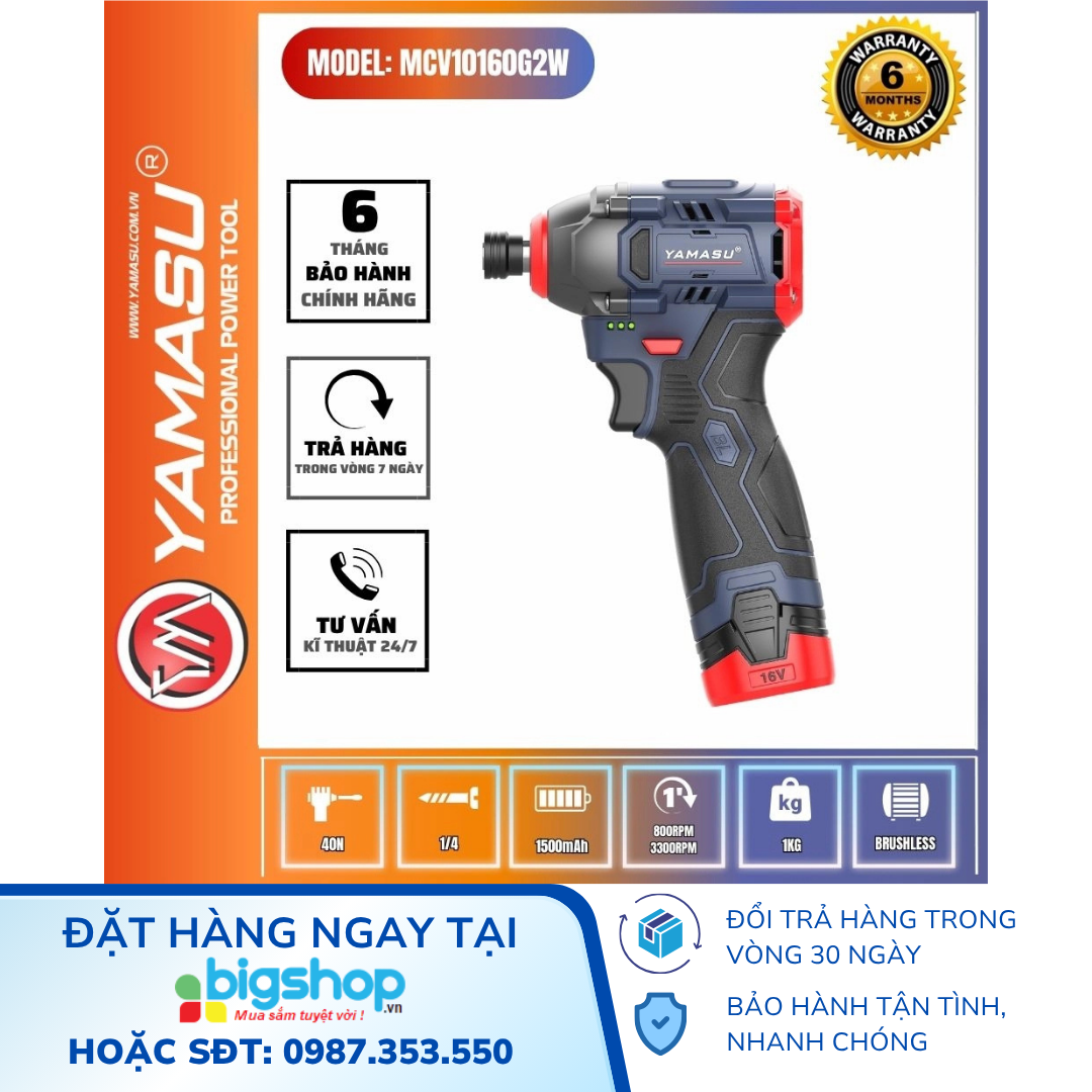 Máy siết vít động lực Pin 16V, 160N Yamasu YMS-MCV10160G2W (2 Pin 1.5Ah)