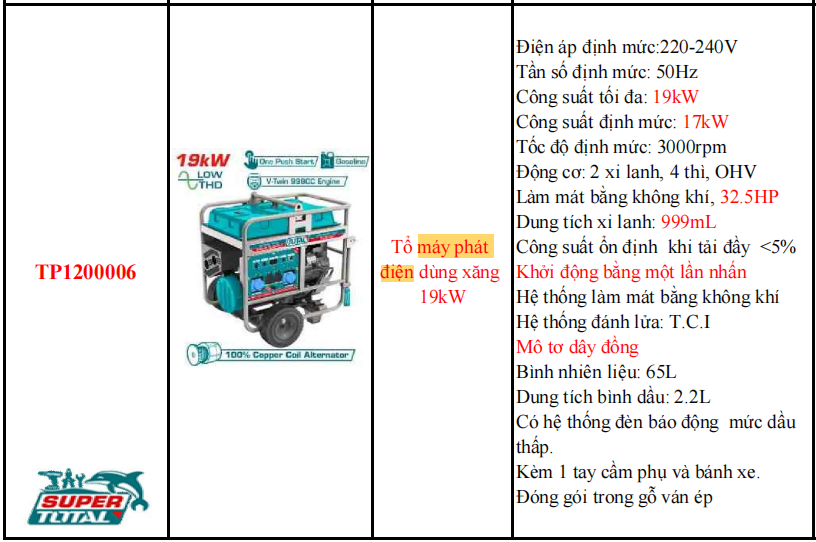 Máy phát điện dùng xăng TOTAL TP1200006 - Công suất 19KW