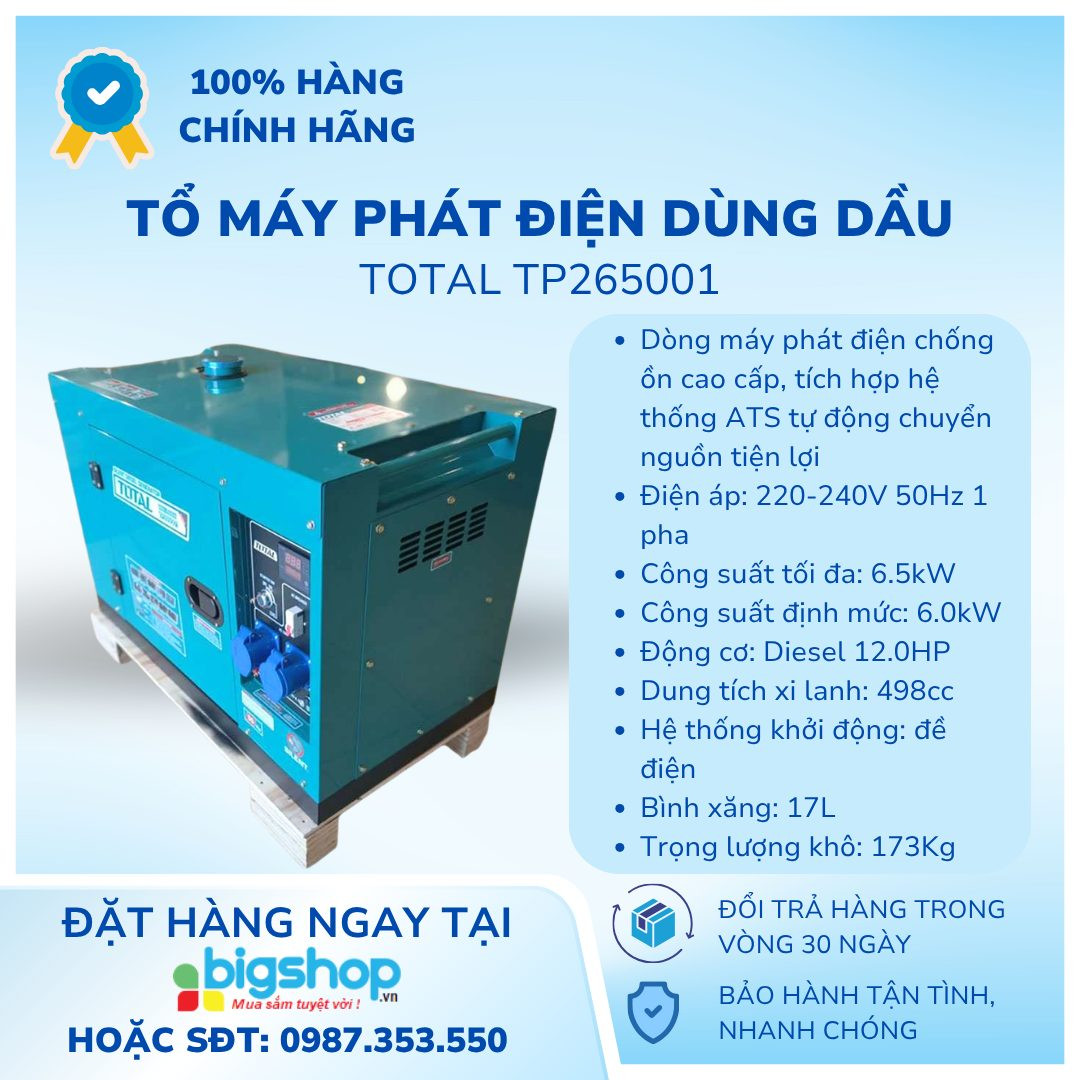 Tổ máy phát điện dùng dầu 6.5kW TOTAL TP265001