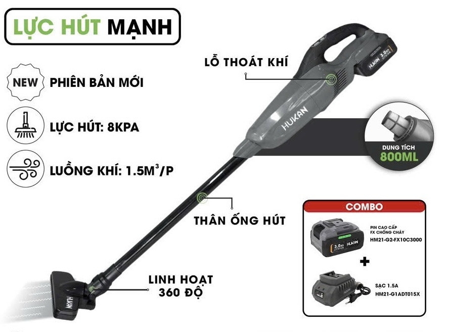  Máy Hút Bụi Pin Hukan HM21-G1-HVC5050 ( chưa pin và sạc ) 