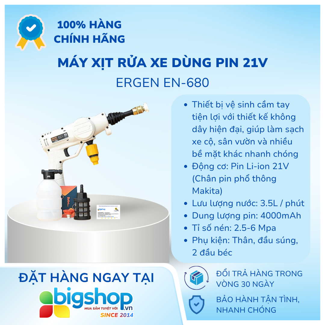 Máy xịt rửa xe dùng pin 21V ERGEN EN-680 (Chân pin phổ thông Makita)