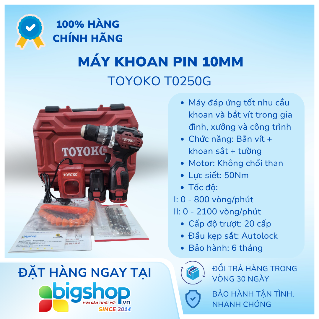 Máy khoan pin 10mm TOYOKO T0250G (2 pin 16.8V và sạc)