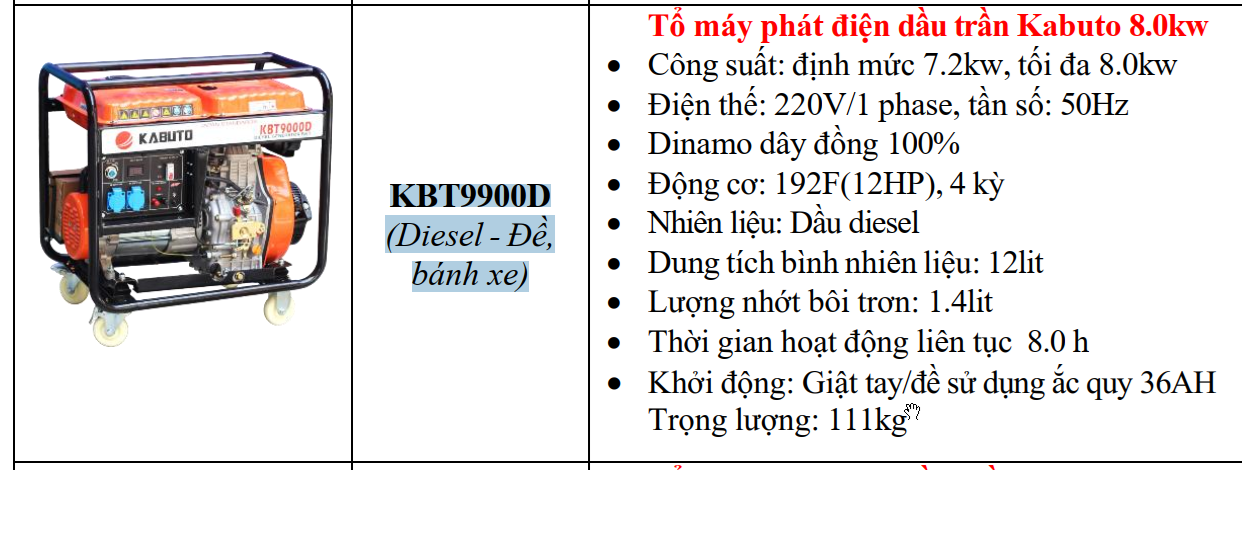 TỔ MÁY PHÁT ĐIỆN DIESEL KABUTO KBT9900D (Diesel - Đề, bánh xe), 8KW